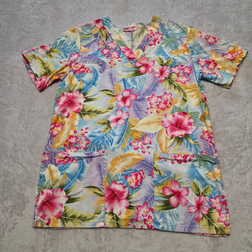 Cherokee Tropical Floral Scrub Top Medium Pink Blue Hibiscus V-Neck